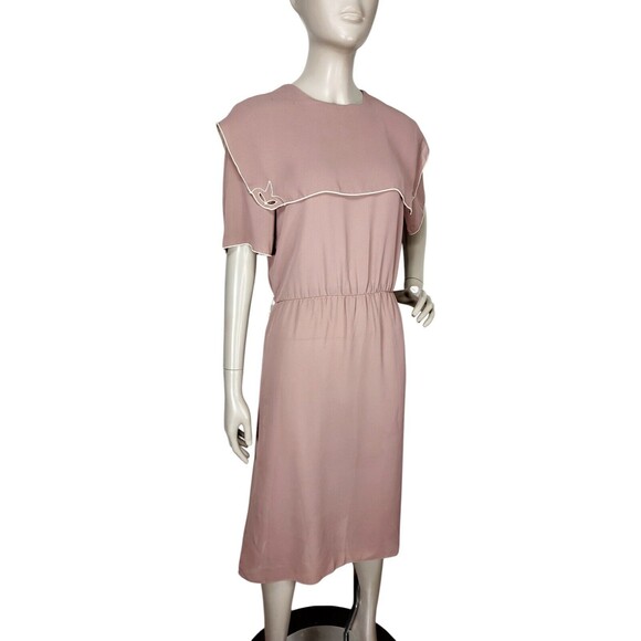 Vintage Mindy Malone 80s Mocha Chiffon Sailor Capelet Neckline Sheath Dress S/M - Picture 1 of 7